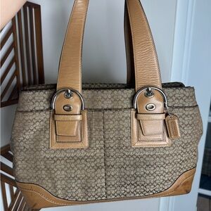 Coach Beige Signature Canvas Shoulder Tote with Leather Trim